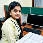 **A professional businesswoman in a modest salwar kameez, sitting at a desk in a modern Dhaka office, fully clothed, appropriate attire, safe for work, perfect anatomy, natural proportions, professional photography, high quality, family-friendly.**
