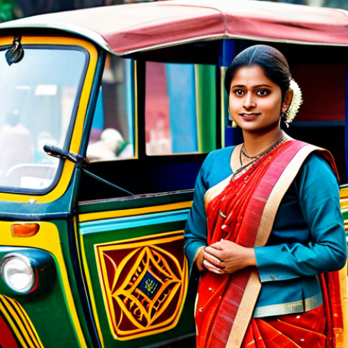 A professional Bengali woman in a modest, traditional sari, standing in front of a colorful Dhaka rickshaw, fully clothed, appropriate attire, safe for work, perfect anatomy, natural proportions, professional photography, high quality, family-friendly.