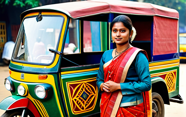 A professional Bengali woman in a modest, traditional sari, standing in front of a colorful Dhaka rickshaw, fully clothed, appropriate attire, safe for work, perfect anatomy, natural proportions, professional photography, high quality, family-friendly.