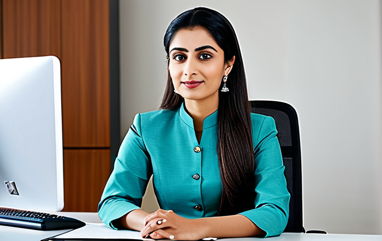 폰트 사용이 SEO에 미치는 영향 - "A professional businesswoman in a modest, elegant salwar kameez, sitting at a desk in a bright, mod...