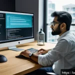 웹 브라우저에서 폰트 렌더링 문제 해결 - A modern, sleek workspace scene focused on a Bengali user adjusting font settings on a high-resoluti...