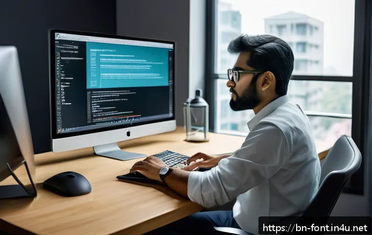웹 브라우저에서 폰트 렌더링 문제 해결 - A modern, sleek workspace scene focused on a Bengali user adjusting font settings on a high-resoluti...