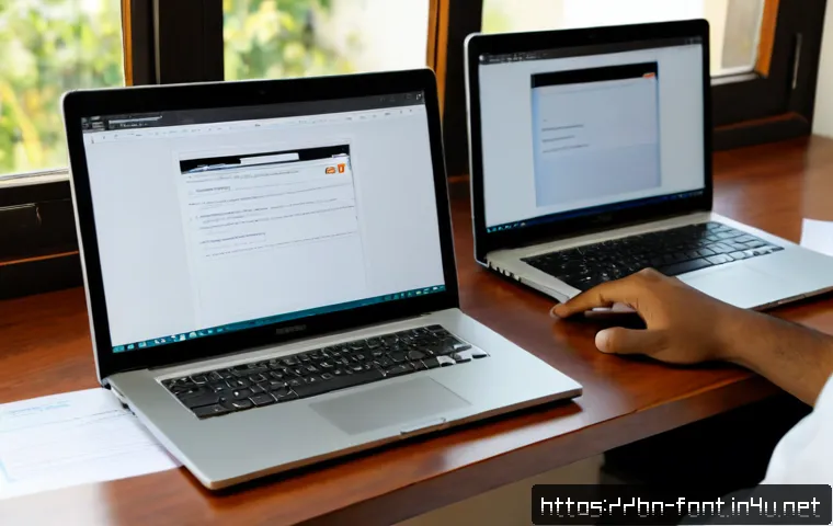 폰트 호환성 문제 해결 팁 - Photorealistic home office scene of a Bengali freelance designer comparing two laptops side by side,...